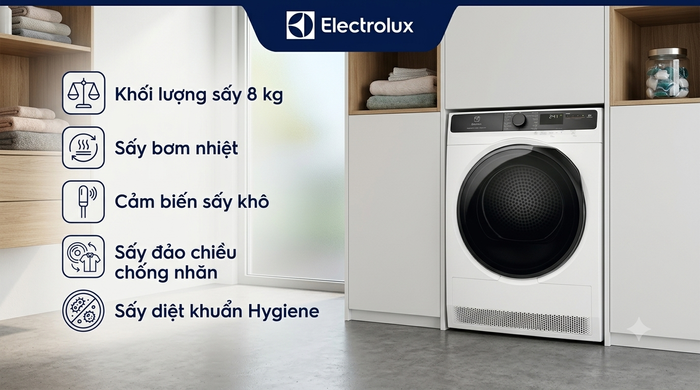 Máy sấy bơm nhiệt Electrolux 8 kg màu trắng với cảm biến sấy khô, đảo chiều chống nhăn và diệt khuẩn Hygiene
